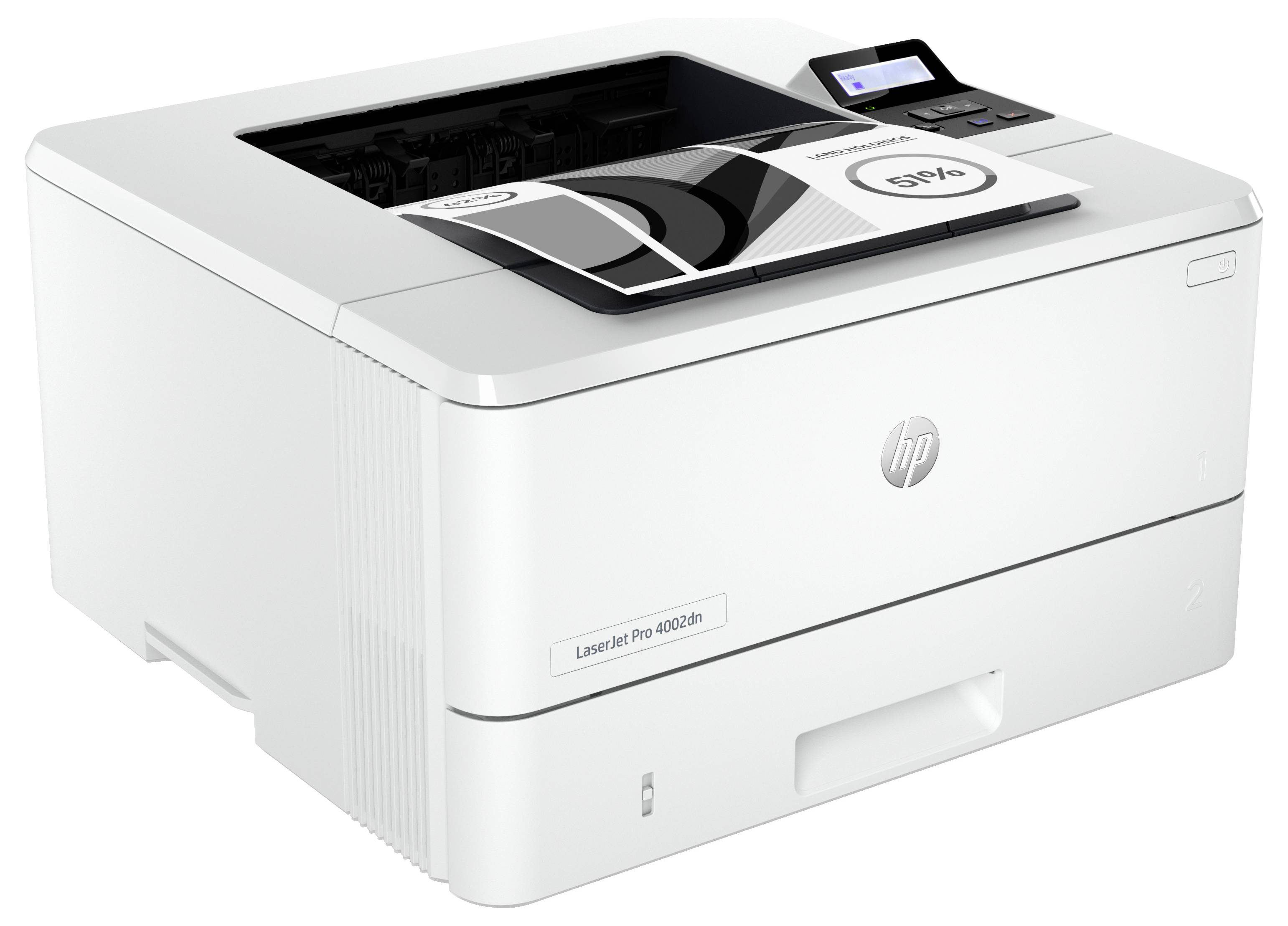 Weißer HP LaserJet Pro Drucker mit offener Papierkassette und kleinem Bedienfeld oben.