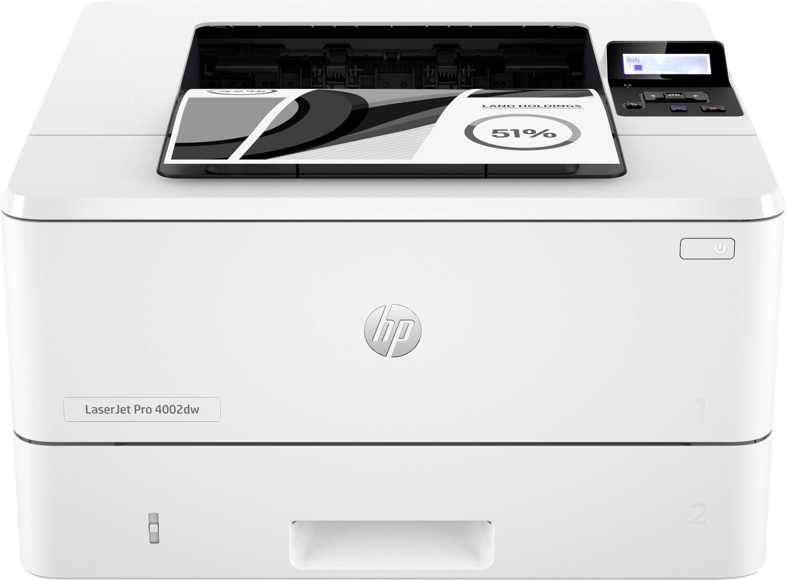 Frontansicht eines HP LaserJet Pro 4002dw Druckers mit eingelegtem Papier und sichtbarem Bedienfeld.