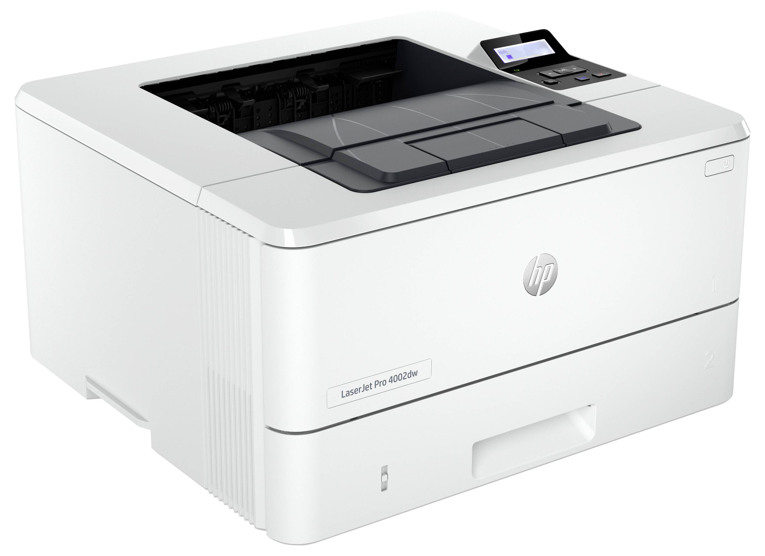Weißer HP LaserJet Pro-Drucker mit oberer Papierkassette, Bedienfeld und vorderer Ausgabeschacht.