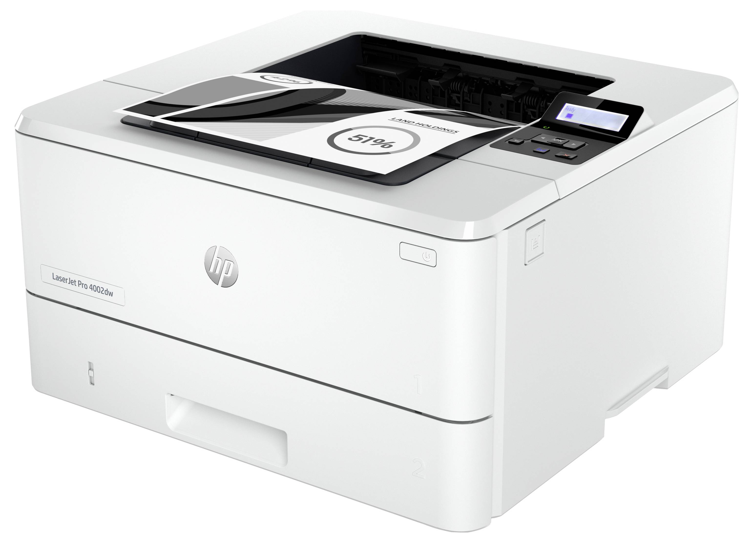 Weißer HP LaserJet Drucker mit Papierfach und kleinem Kontrolldisplay oben.
