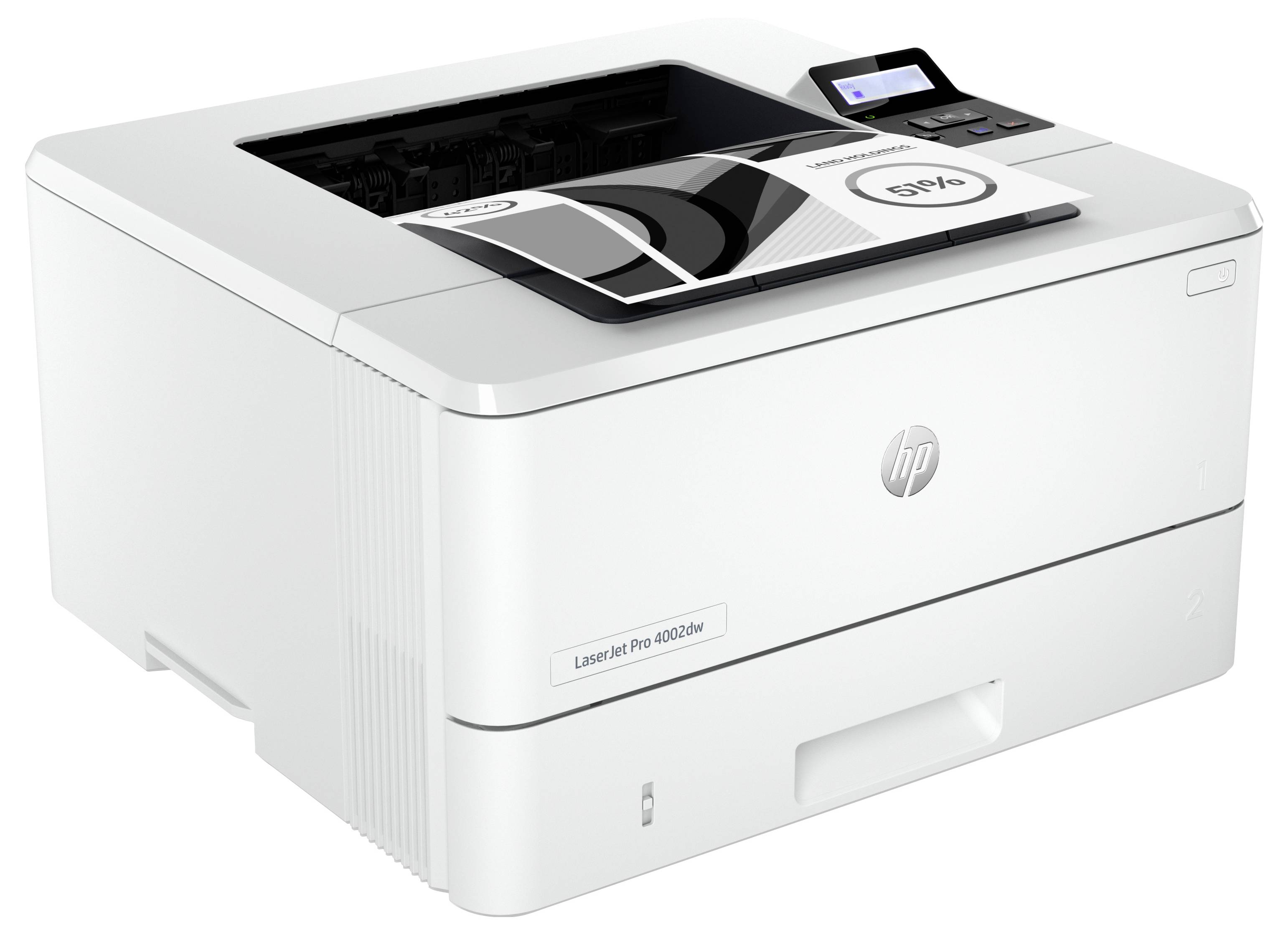 Weißer HP LaserJet Pro Drucker mit oberer Papierschublade und kleinem Kontrolldisplay, gezeigt vor einem einfachen weißen Hintergrund.