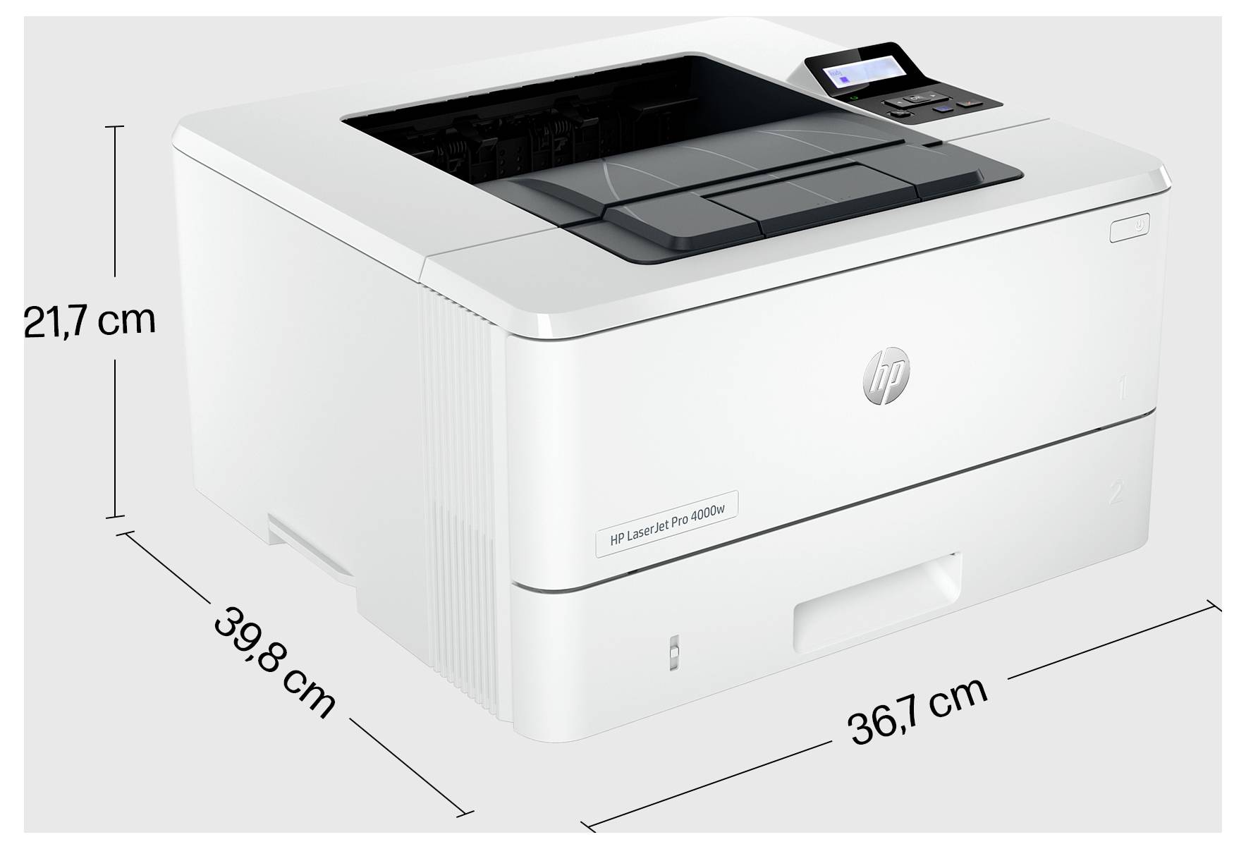 HP LaserJet Pro 4003dn-Drucker mit gekennzeichneten Abmessungen: 21,7 cm Höhe, 39,8 cm Tiefe und 36,7 cm Breite.