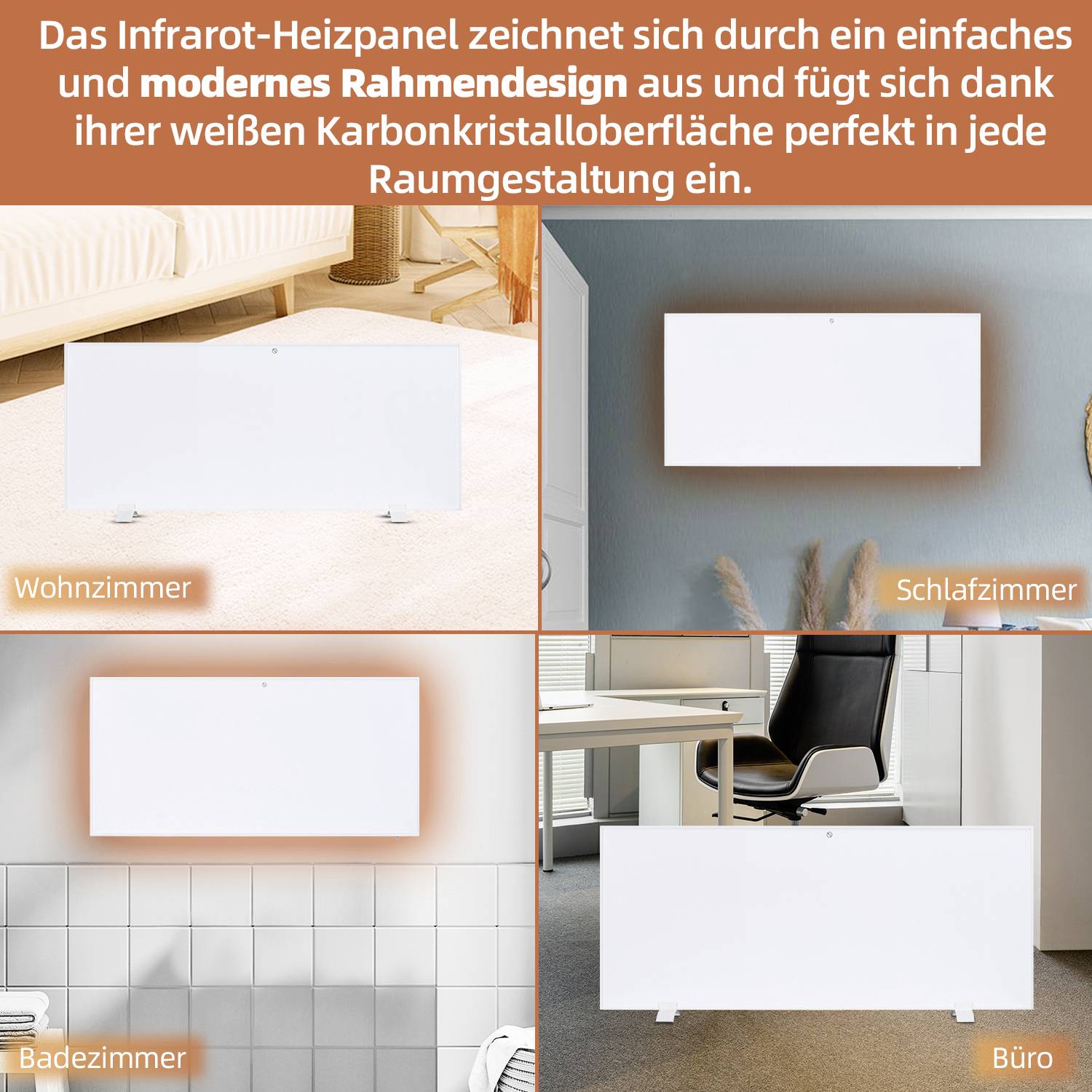 Die Abbildung zeigt drei Räume mit Infrarot-Heizpaneelen in Wohnzimmer, Schlafzimmer und Büro. Der Text hebt das rahmenlose Design hervor.