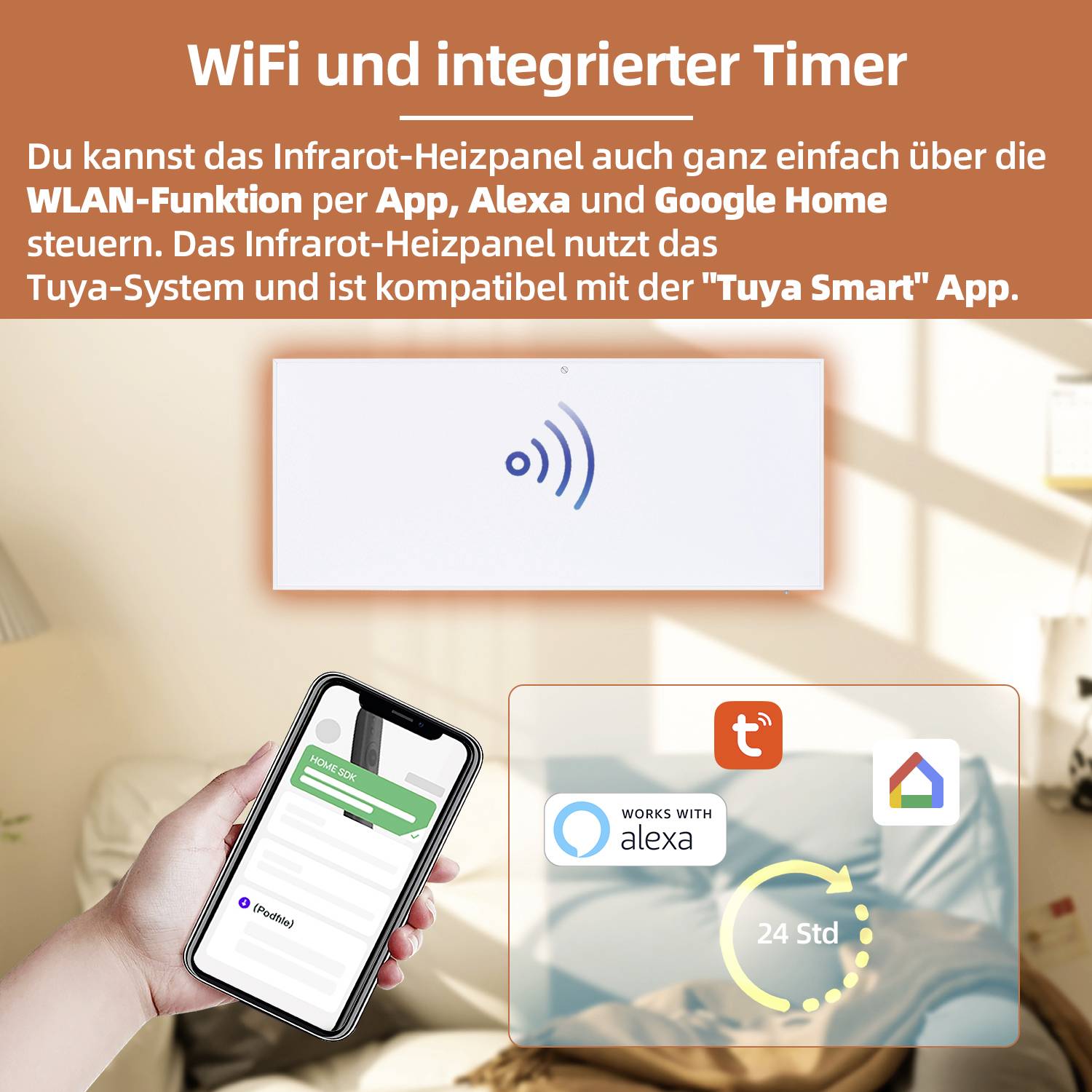 Infrarot-Heizpanel mit WLAN. Steuerung über App, Alexa und Google Home. Kompatibel mit Tuya Smart App. Integrierter Timer.