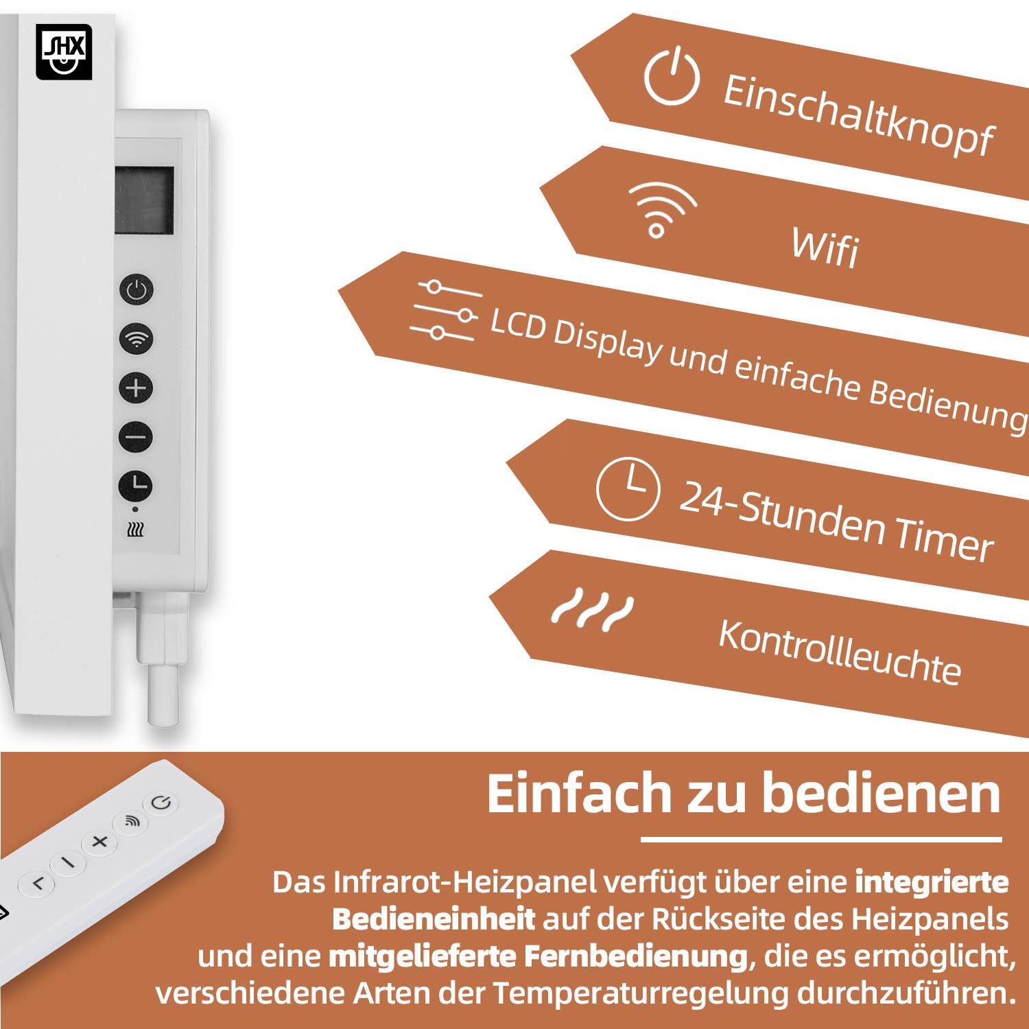 Heizpaneel mit integriertem Thermostat und Fernbedienung. Funktionen: Wifi, LCD Display, 24-Stunden Timer, Kontrollleuchte.