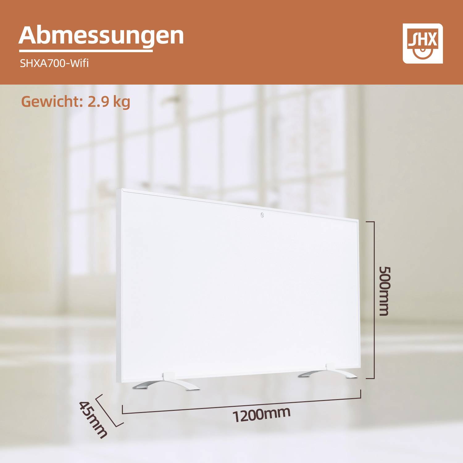 'Abmessungen: 1200 mm x 500 mm x 45 mm, Gewicht: 2,9 kg.' Produktbeschreibung mit weißem Paneel in hellem Raum.