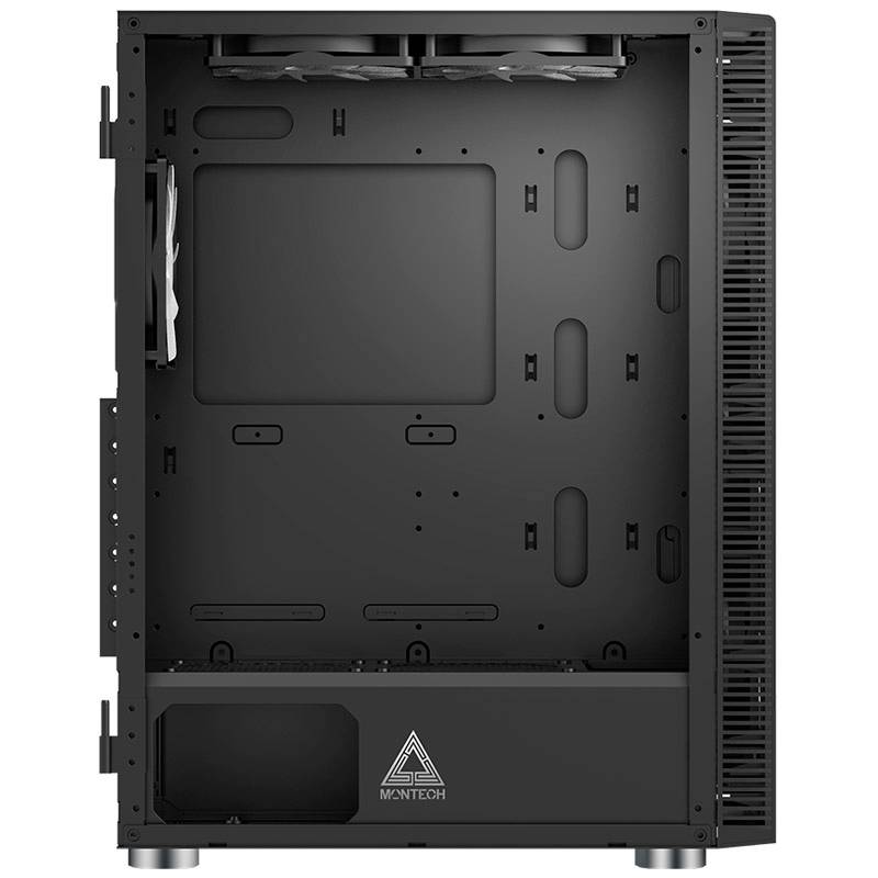 Ein leeres Computergehäuse mit sichtbaren Montageschlitzen für Hauptplatine, Lüfter und Festplatten.