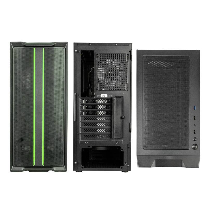 Drei PC-Gehäuse in schwarz, frontseitig mit grünen LED-Streifen, Rückseite zeigt Anschlüsse und Lüftergitter.