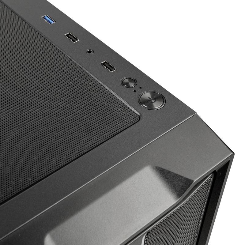 Schwarzes Computergehäuse mit zwei USB-Anschlüssen und einem runden Einschaltknopf auf der Oberseite.