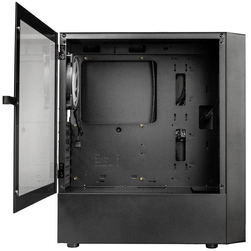 Ein offenes Computergehäuse mit seitlichem Glasfenster. Innen sind Halterungen für Mainboard, Laufwerke und Kabelmanagement sichtbar.