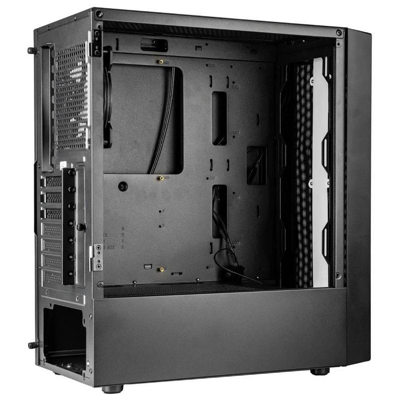 Ein offenes Computergehäuse mit mehreren leeren Einschüben und Halterungen für Hardwarekomponenten, in einem schwarzen, rechteckigen Design.