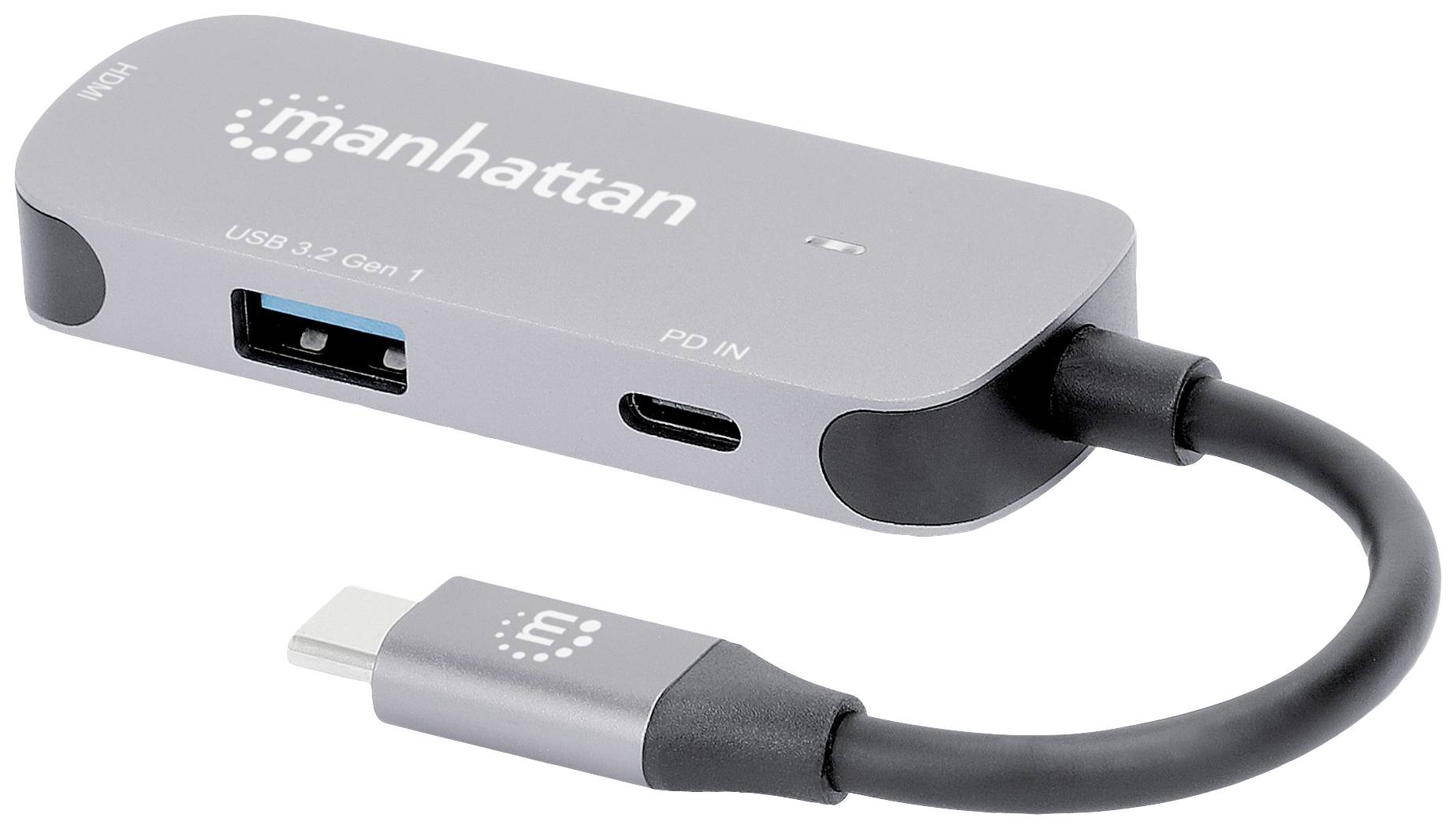 Ein grauer USB-C-Hub der Marke Manhattan mit mehreren Anschlüssen: USB 3.2, PD IN und VGA-Anschluss. Ideal für Konnektivität.