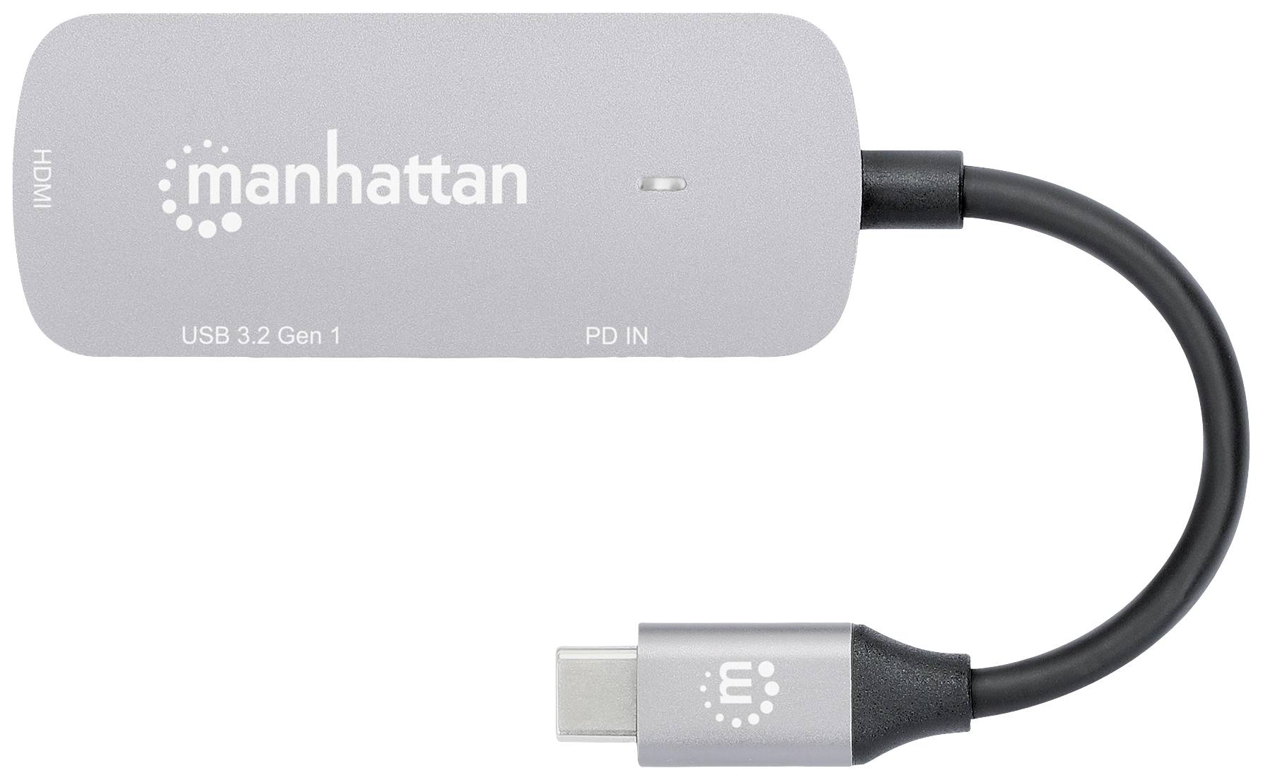 Adapter 'manhattan' mit HDMI und USB-C-Anschluss, markiert mit 'USB 3.2 Gen 1' und 'PD IN'.