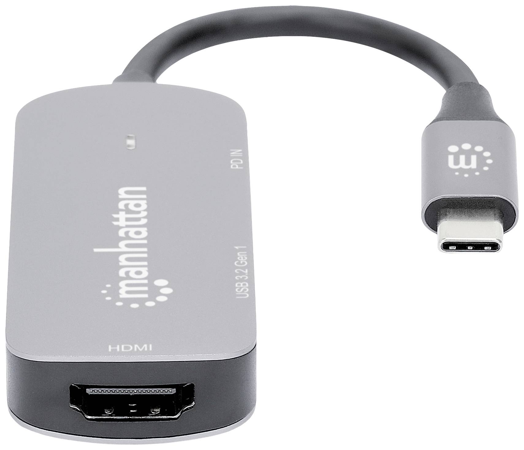 'Grau-schwarzer Adapter mit HDMI-Anschluss und USB-C-Stecker. Marke 'Manhattan'.'