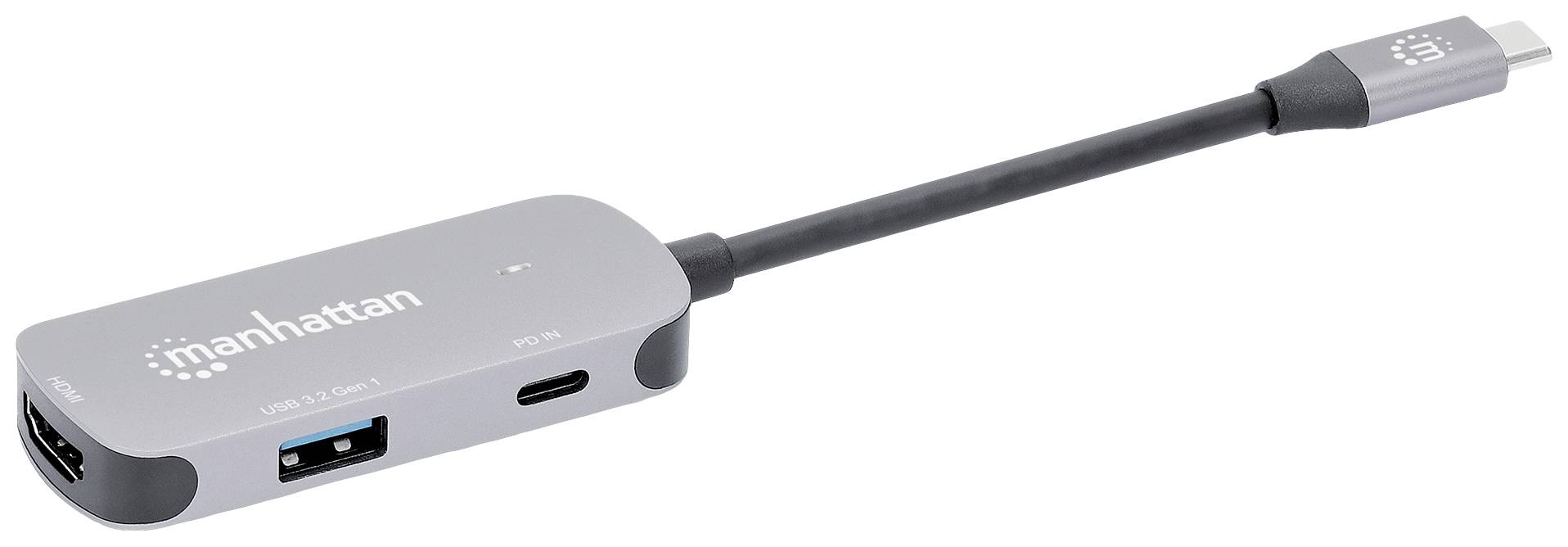 USB-C-Adapter mit Anschlusskabel, Markenname 'Manhattan'. Verfügt über HDMI, USB und USB-C Ports.