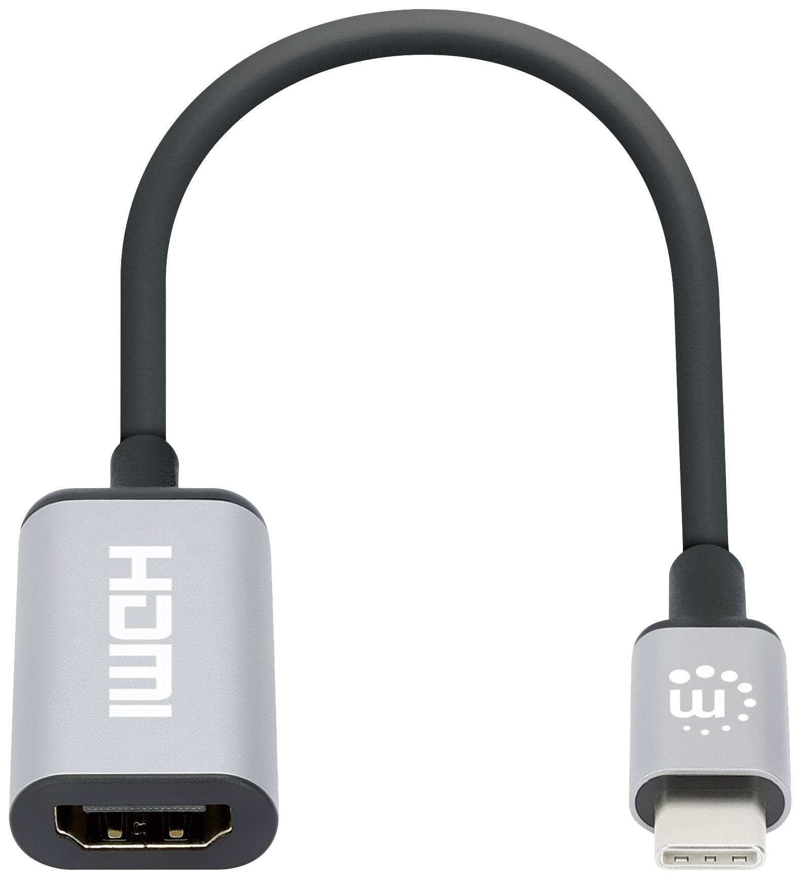 Graues HDMI-zu-USB-C-Kabeladapter mit geflochtenem Kabel zur Verbindung von HDMI-Geräten mit USB-C-Anschlüssen.