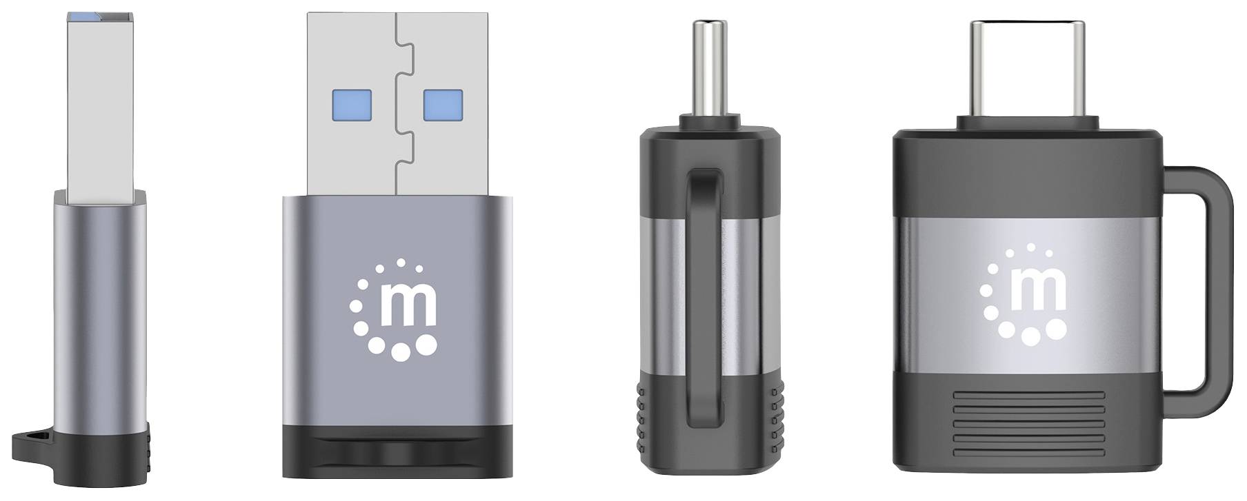 Ein Adapterset mit verschiedenen USB-Anschlüssen: USB-A, USB-C und Micro-USB. Alle sind grau-silbern mit schwarzen Akzenten.