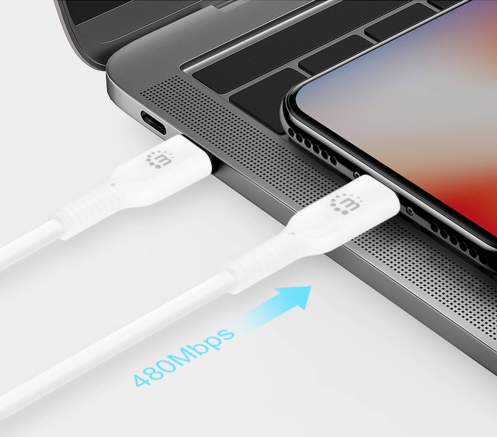 Ein Smartphone ist mit einem Laptop verbunden. Ein Pfeil zeigt 480 Mbps Übertragungsgeschwindigkeit an.