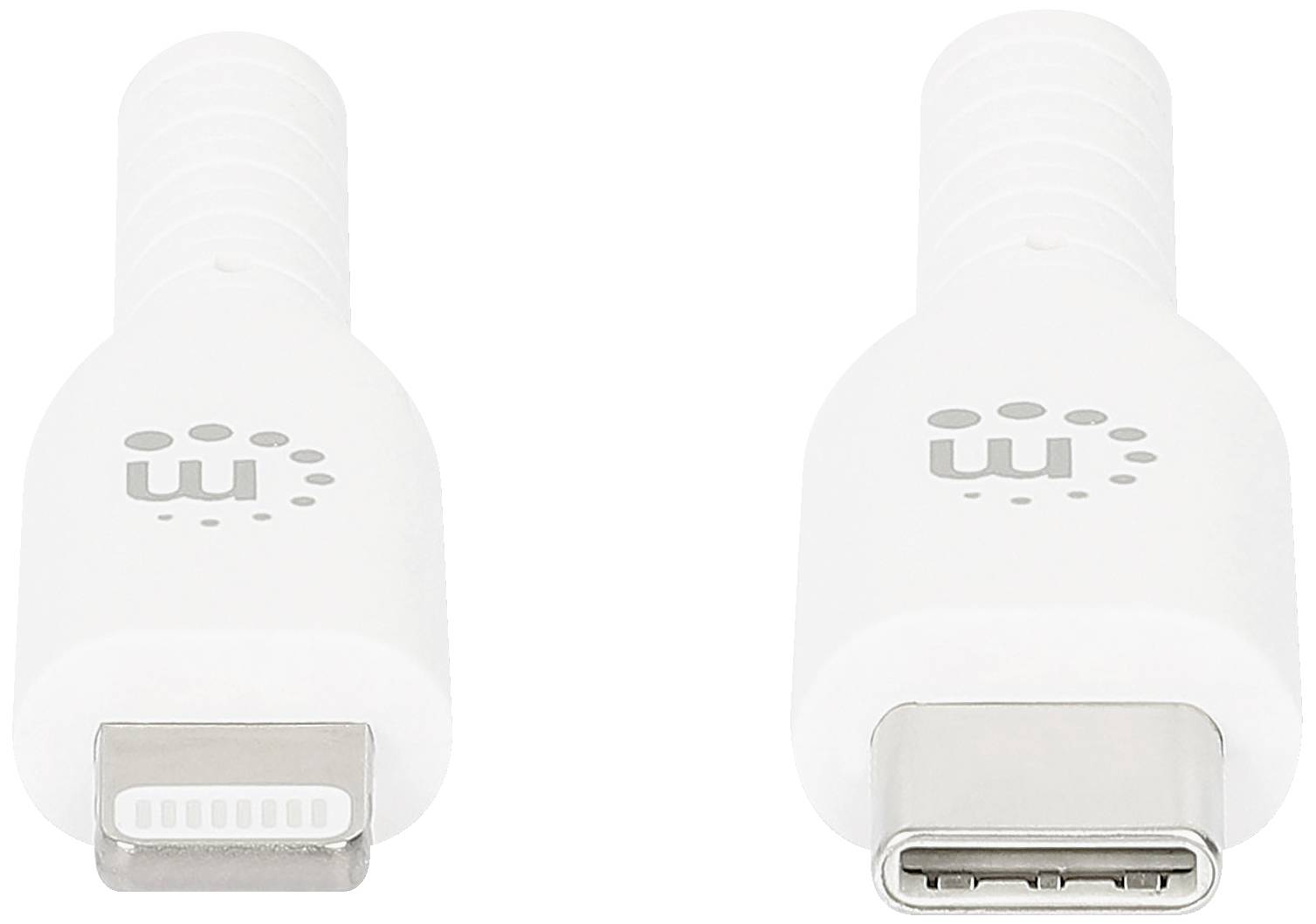 Ein weißer Adapter mit einem Lightning-Anschluss auf der linken Seite und einem USB-C-Anschluss auf der rechten Seite.