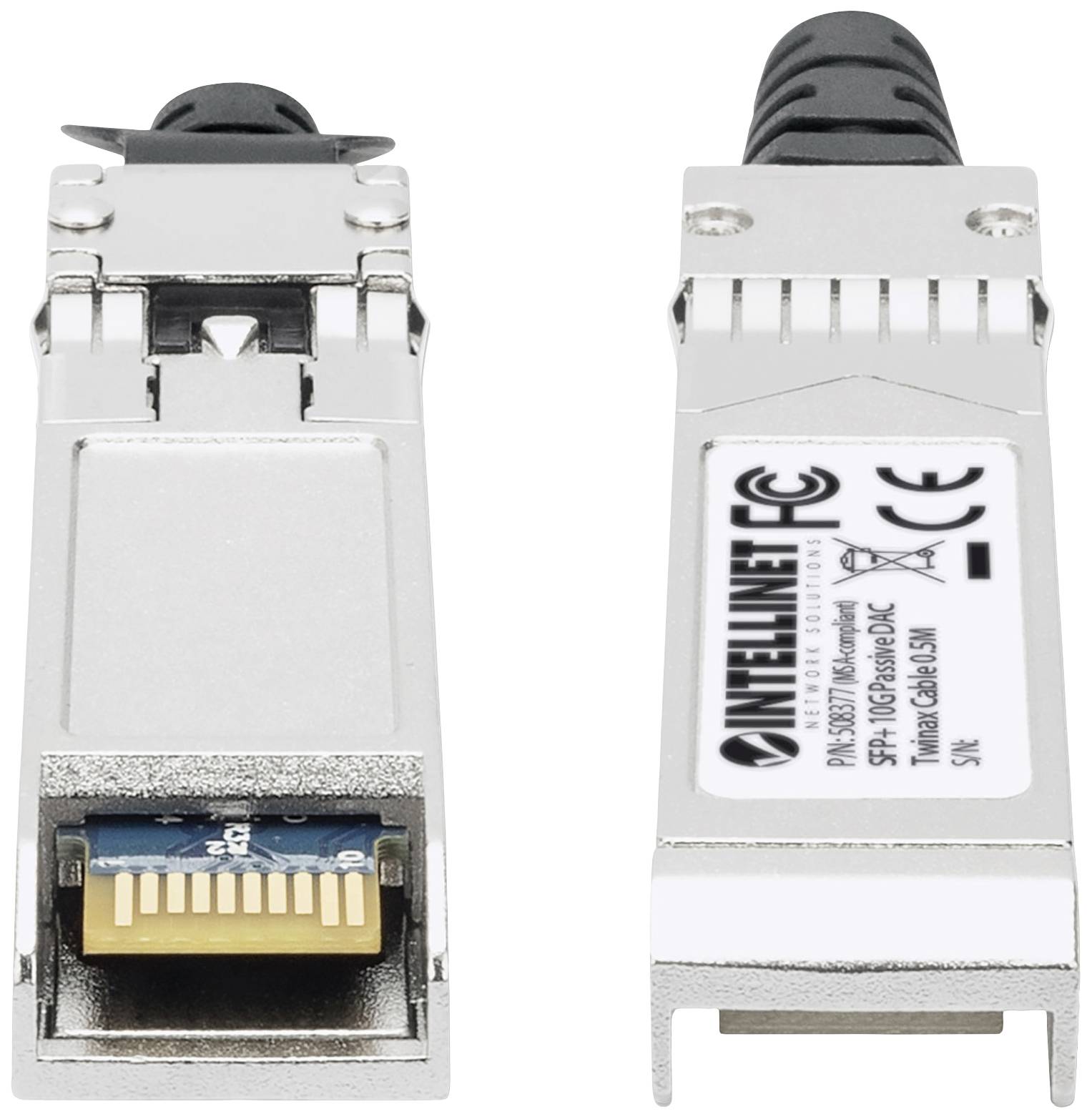 Zwei metallische SFP-Module mit Ethernet-Schnittstellen, seitlich nebeneinander angeordnet. Eines zeigt die Anschlussseite, das andere die beschriftete Oberseite.