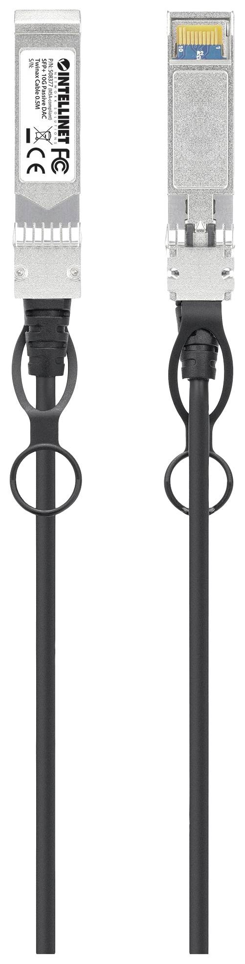 Zwei SFP-Modulstecker mit schwarzen Kabeln, die nebeneinander stehen; links mit Herstellerlogo. Verwendet zur Datenübertragung.