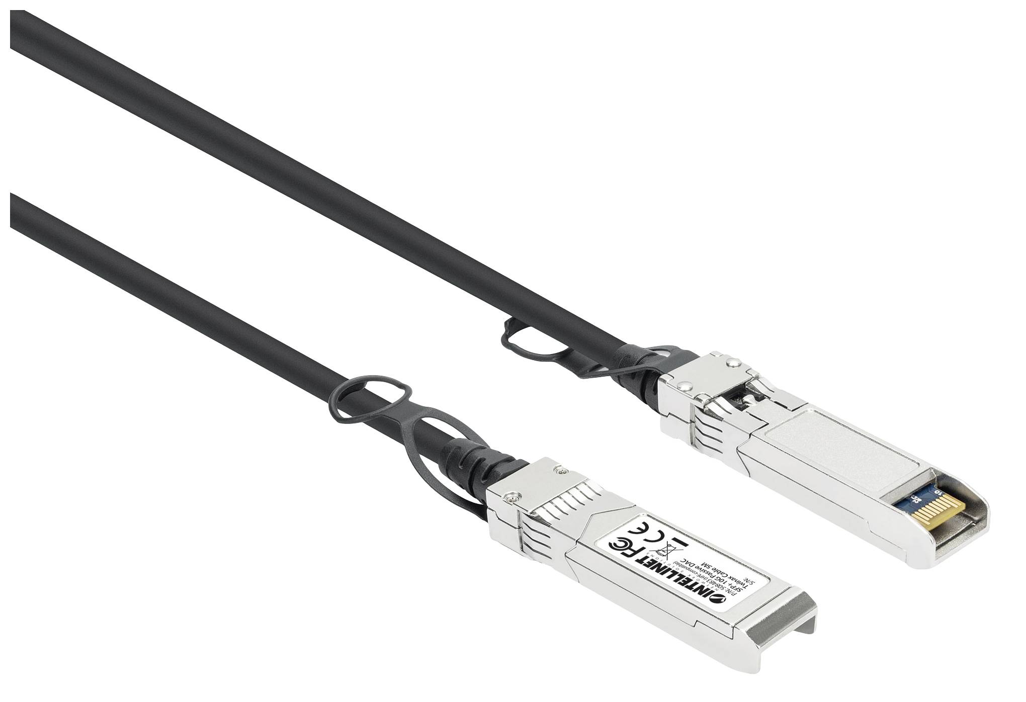 Zwei optische Transceiver-Kabel mit Metallgehäusen, geeignet für Hochgeschwindigkeits-Datenübertragung in Netzwerkgeräten.