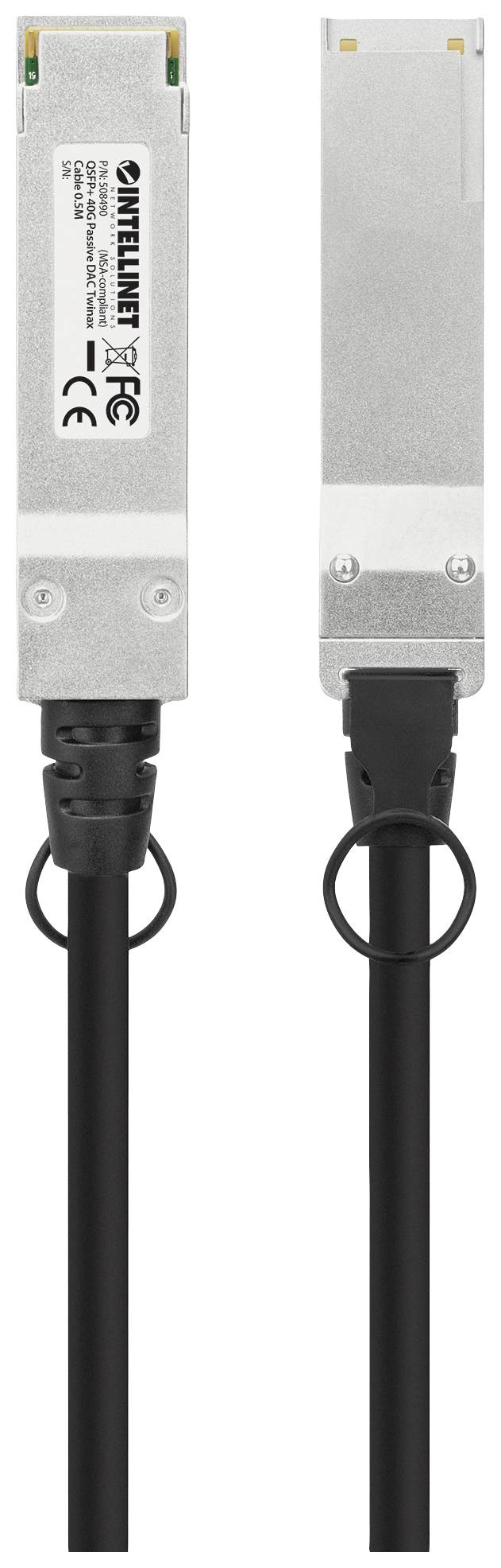 Zwei silberne Netzwerkkabelstecker mit schwarzen Kabeln. Links sind Prüfzeichen und technische Symbole auf dem Stecker zu sehen.