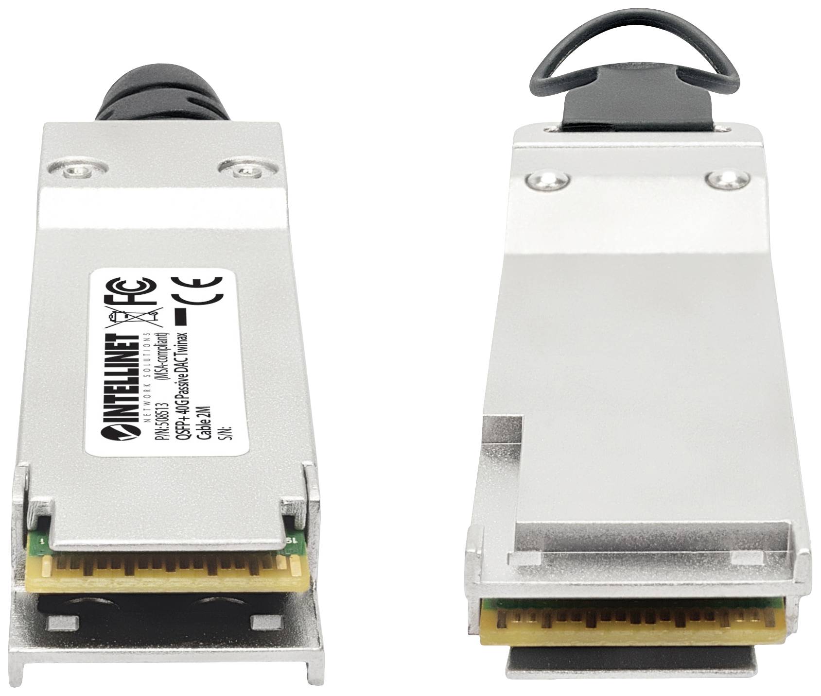 Zwei silberne Transceiver-Module, Vorderseite und Rückseite sichtbar. Links oben befindet sich ein schwarzer Hebel. CE-Kennzeichnung ist erkennbar.