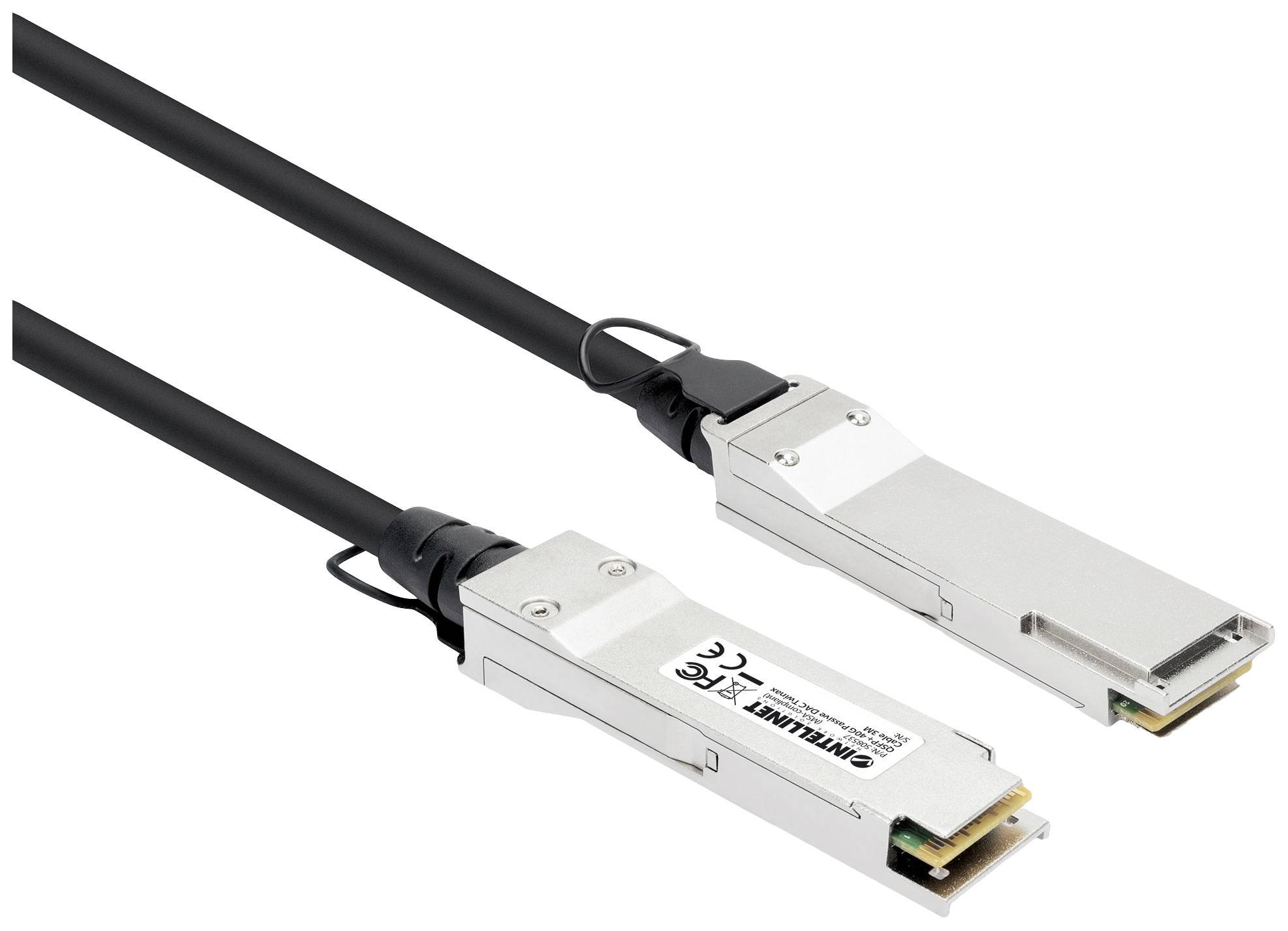 Zwei schwarze Glasfaserkabel mit silbernen Anschlüssen, die QSFP+-Transceiver-Module zeigen. Geeignet für Hochgeschwindigkeitsdatenübertragung.
