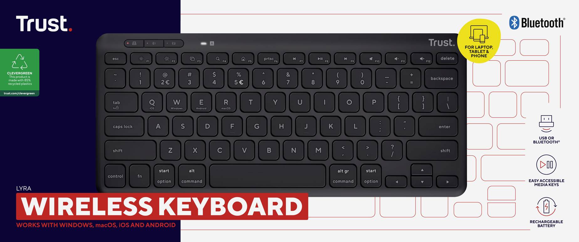 Drahtlose Tastatur von Trust, Modell Lyra, mit Bluetooth-Unterstützung. Kompatibel mit Windows, macOS, iOS und Android.
