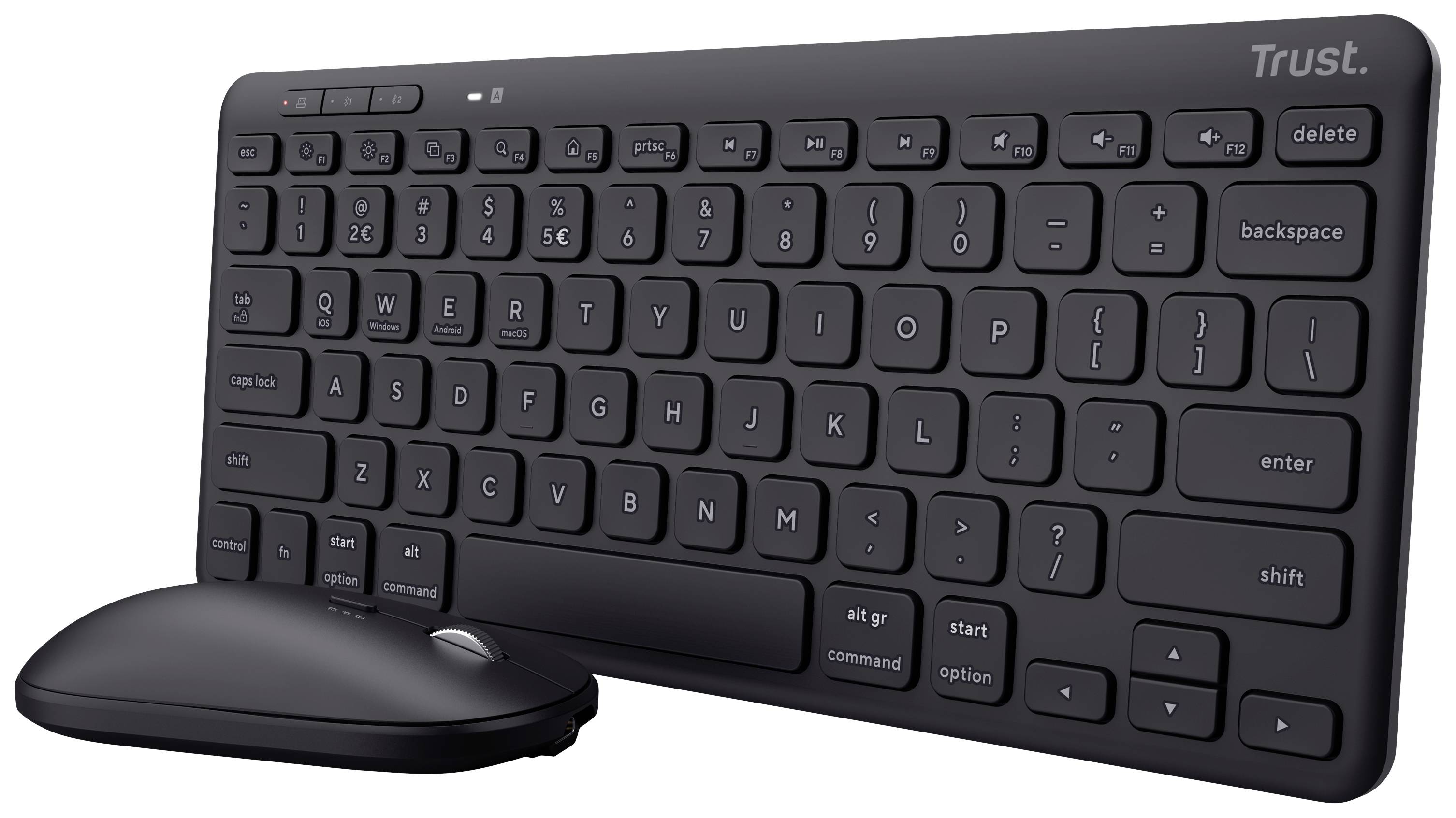 Drahtlose schwarze Tastatur mit zugehöriger Maus. Die Tastatur hat ein schlankes Design und die Maus hat eine glatte Oberfläche.