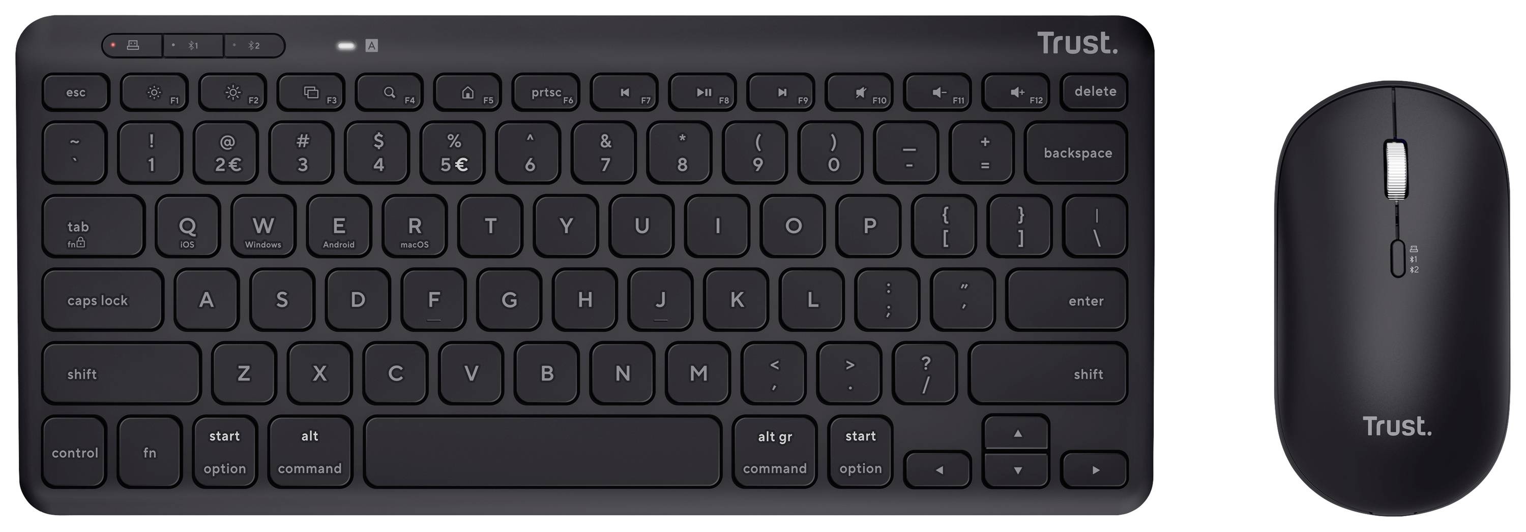 Schwarze kabellose Trust-Tastatur mit QWERTZ-Layout und passender kabelloser Maus; für Computerbedienung geeignet.