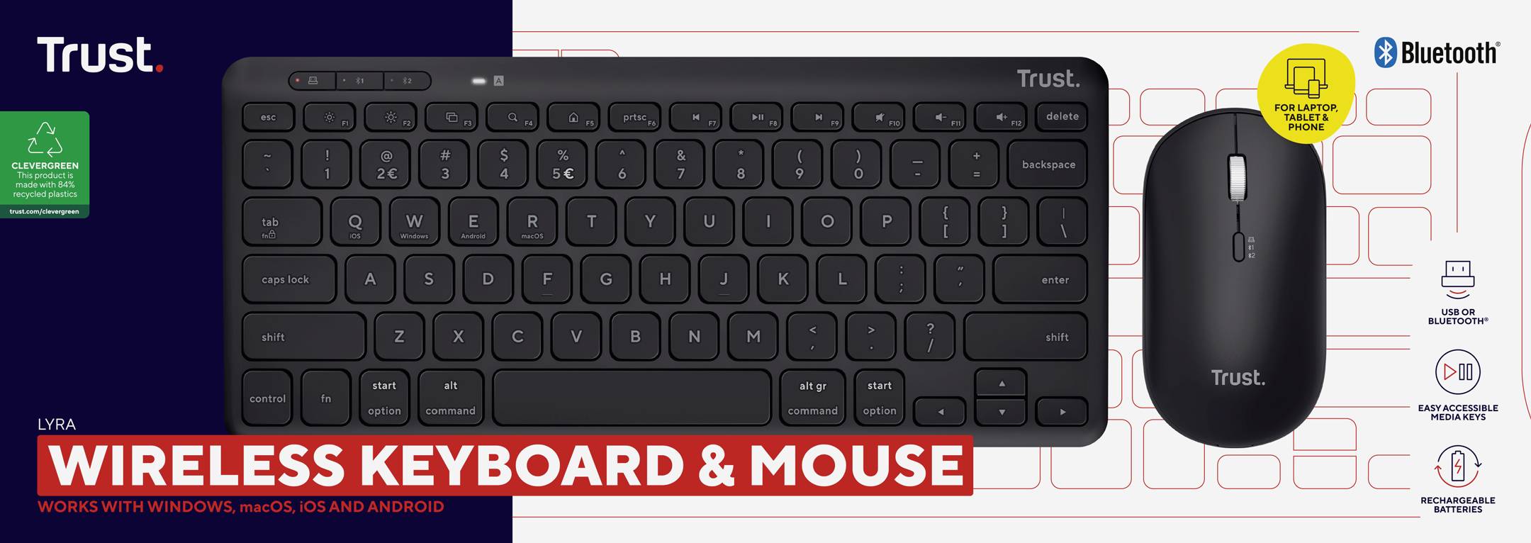 Drahtlose Tastatur und Maus von Trust. Kompatibel mit Windows, macOS, Android. Inklusive Bluetooth-Funktion, 3 Jahre Garantie.