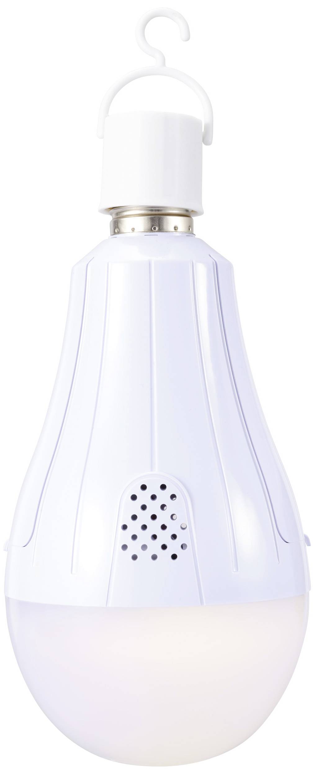 Eine weiße, tragbare LED-Lampe mit Haken und integriertem Lautsprecher, ideal für Camping oder Außenbereiche.