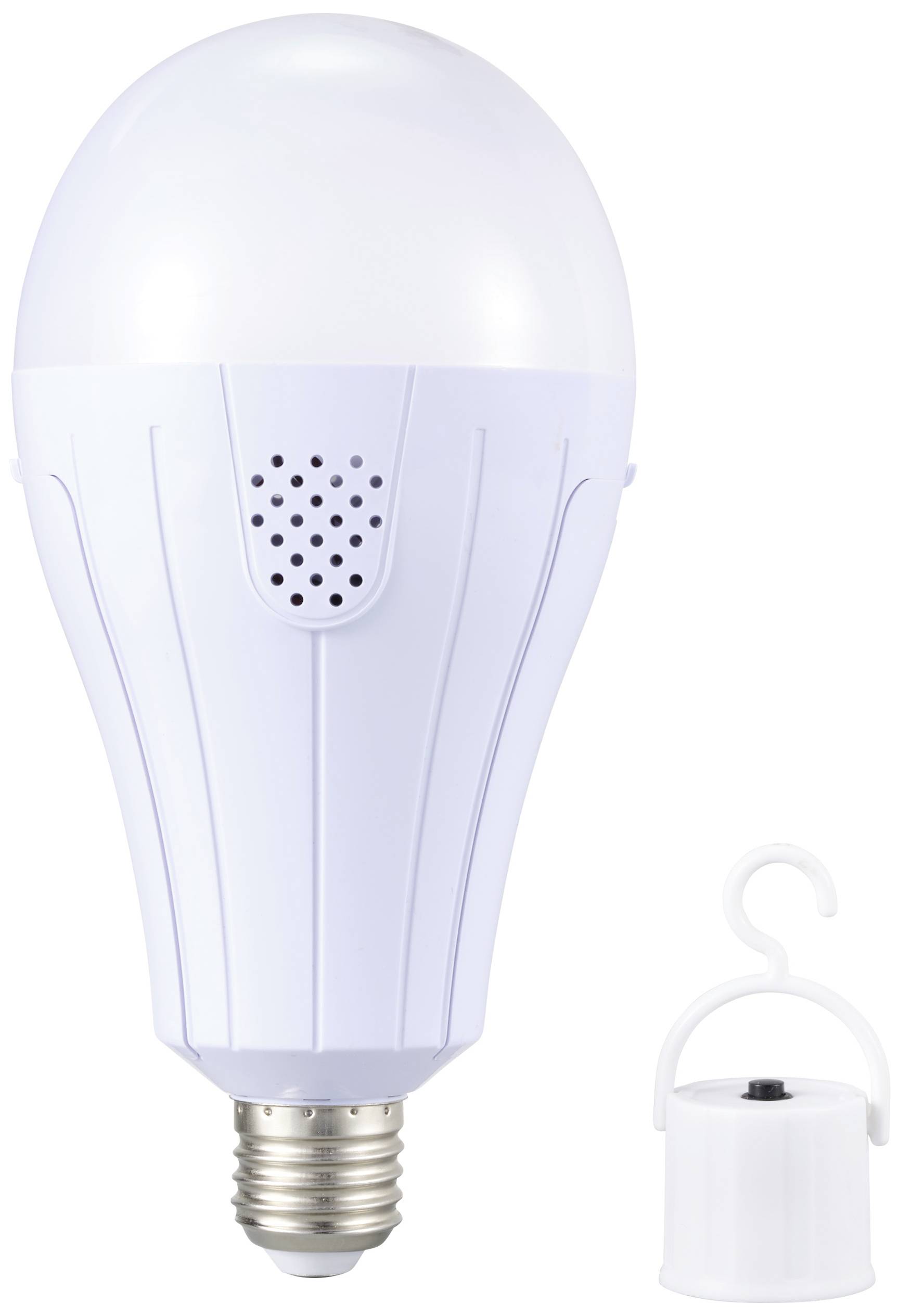 Eine weiße LED-Glühbirne mit integriertem Lautsprecher und passendem Hakenaufsatz zum einfachen Aufhängen. Ideal für vielseitige Beleuchtung und Audio.