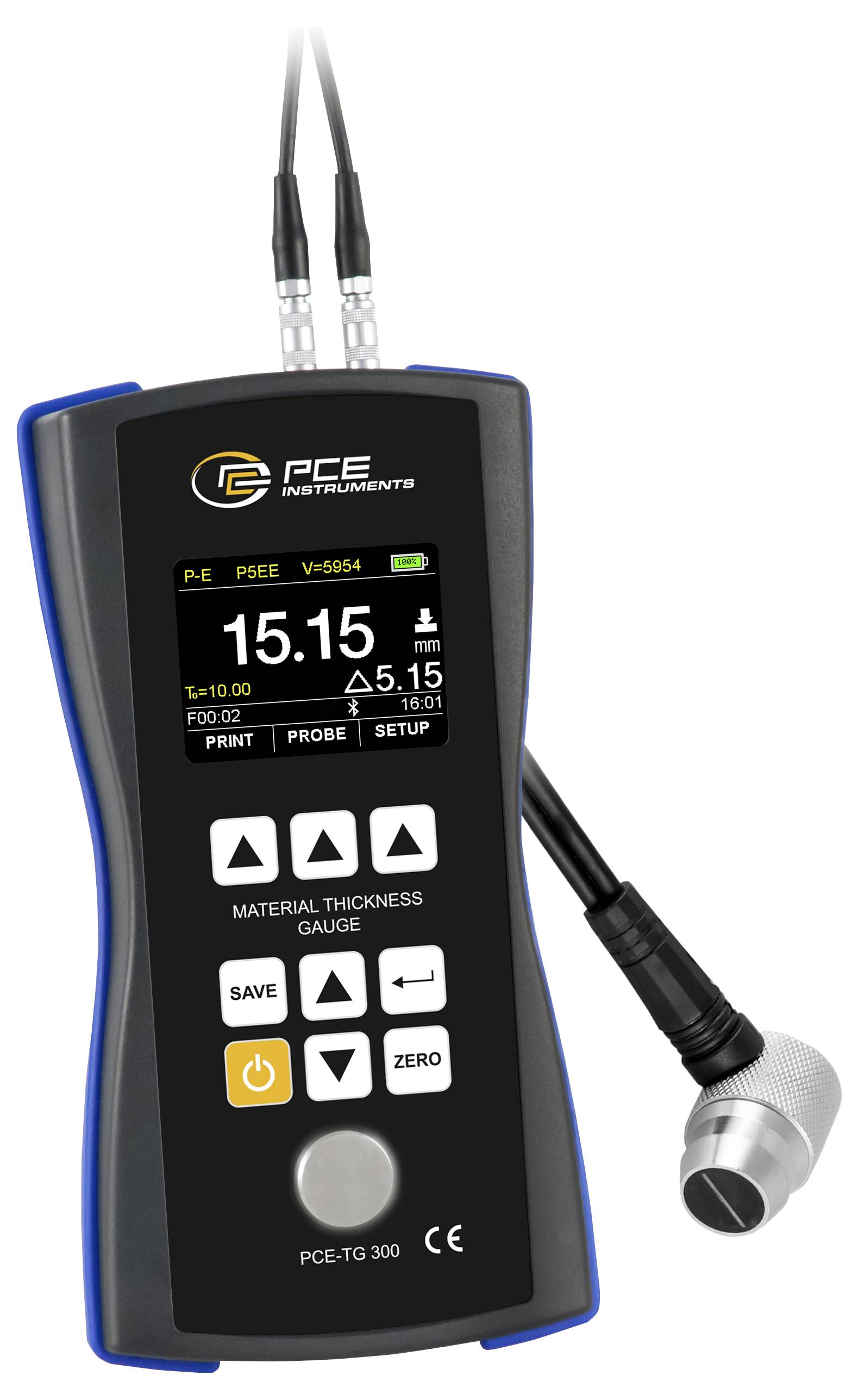 Tragbares PCE-Materialdickenmeßgerät mit Display, das 15,15 anzeigt, mit angebrachter Sonde und Kabel auf weißem Hintergrund.