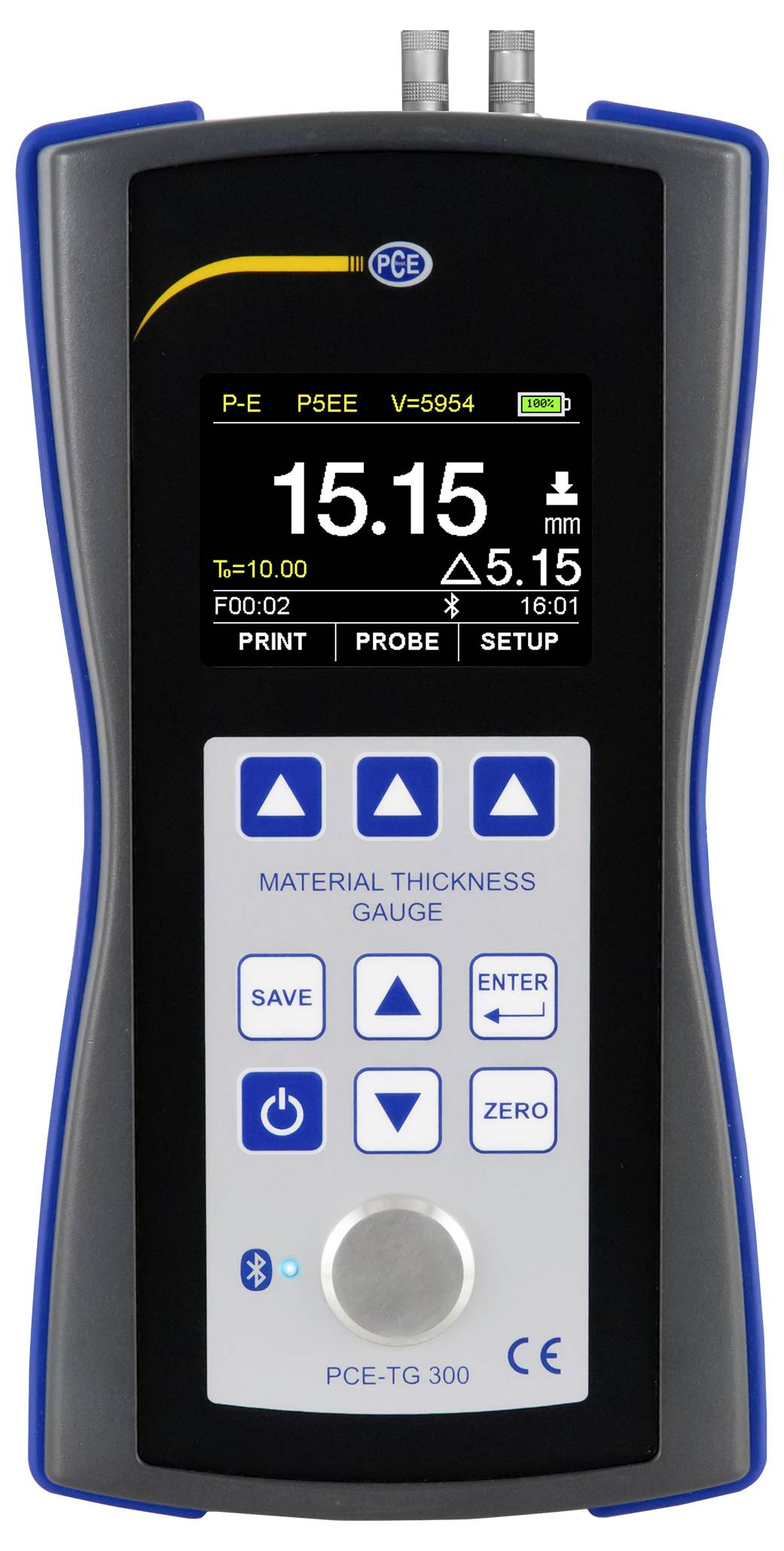 Tragbares Materialdickenmeßgerät mit einer Messwertanzeige von 15,15 mm auf dem Display, mit Bedienungstasten und Modelletikett PCE-TG 300.