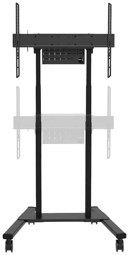 TV-Ständer mit Rollen, höhenverstellbar, geeignet für Monitore, schwarzes Metallgestell, zeigt Halterungsschienen und Basis.