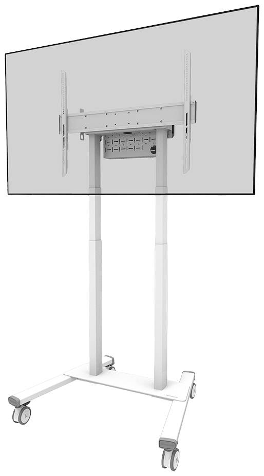 Rollbarer Fernseherständer mit Halterung, aufrechte Position, graue Metallstruktur, vier Räder an der Basis für Mobilität.