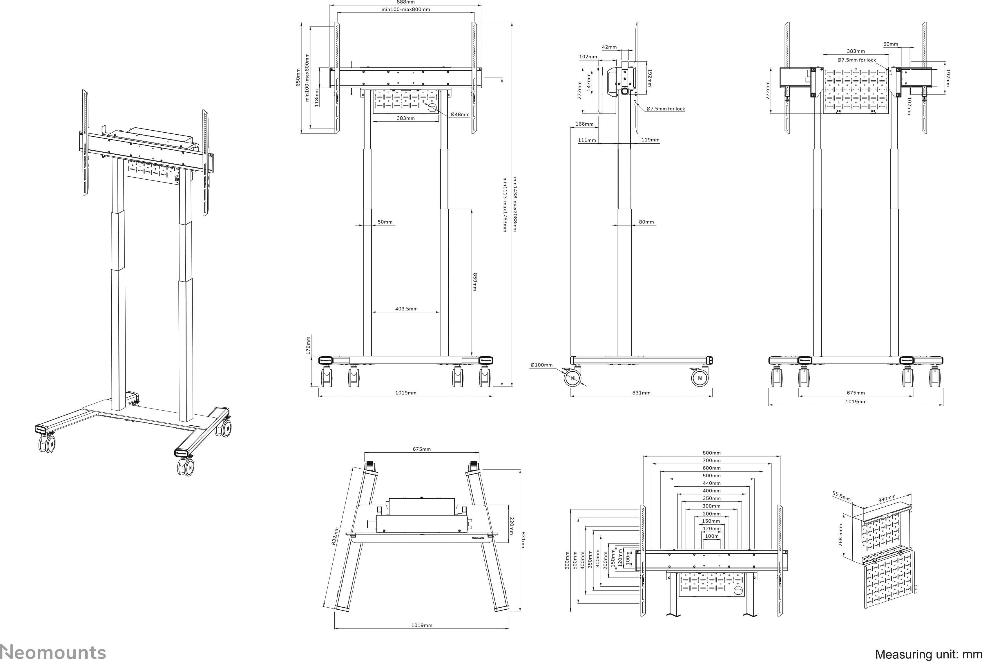 Neomounts FL55-875WH1 TV-Rollwagen Motorisiert, Höhenverstellbar, Mit Fernbedienung 139,7 cm (55") - 254,0 cm (100") Weiß