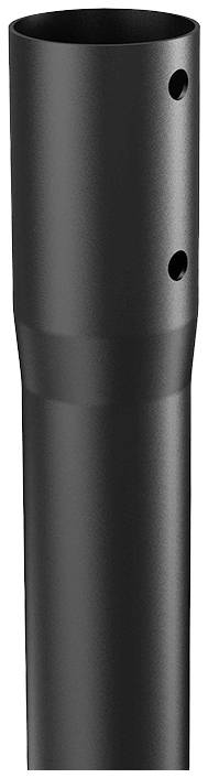 Ein schwarzes Metallrohr mit zwei Löchern übereinander. Das Rohr ist glatt und zylindrisch, möglicherweise für bauliche Zwecke geeignet.