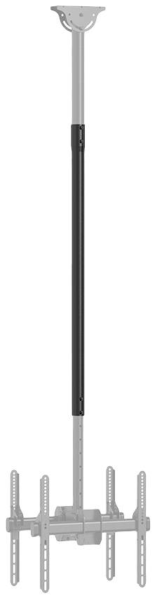 Ein höhenverstellbarer Deckenhalter für Monitore, mit einer Teleskopstange und Montagevorrichtung, geeignet für mehrere Bildschirme.
