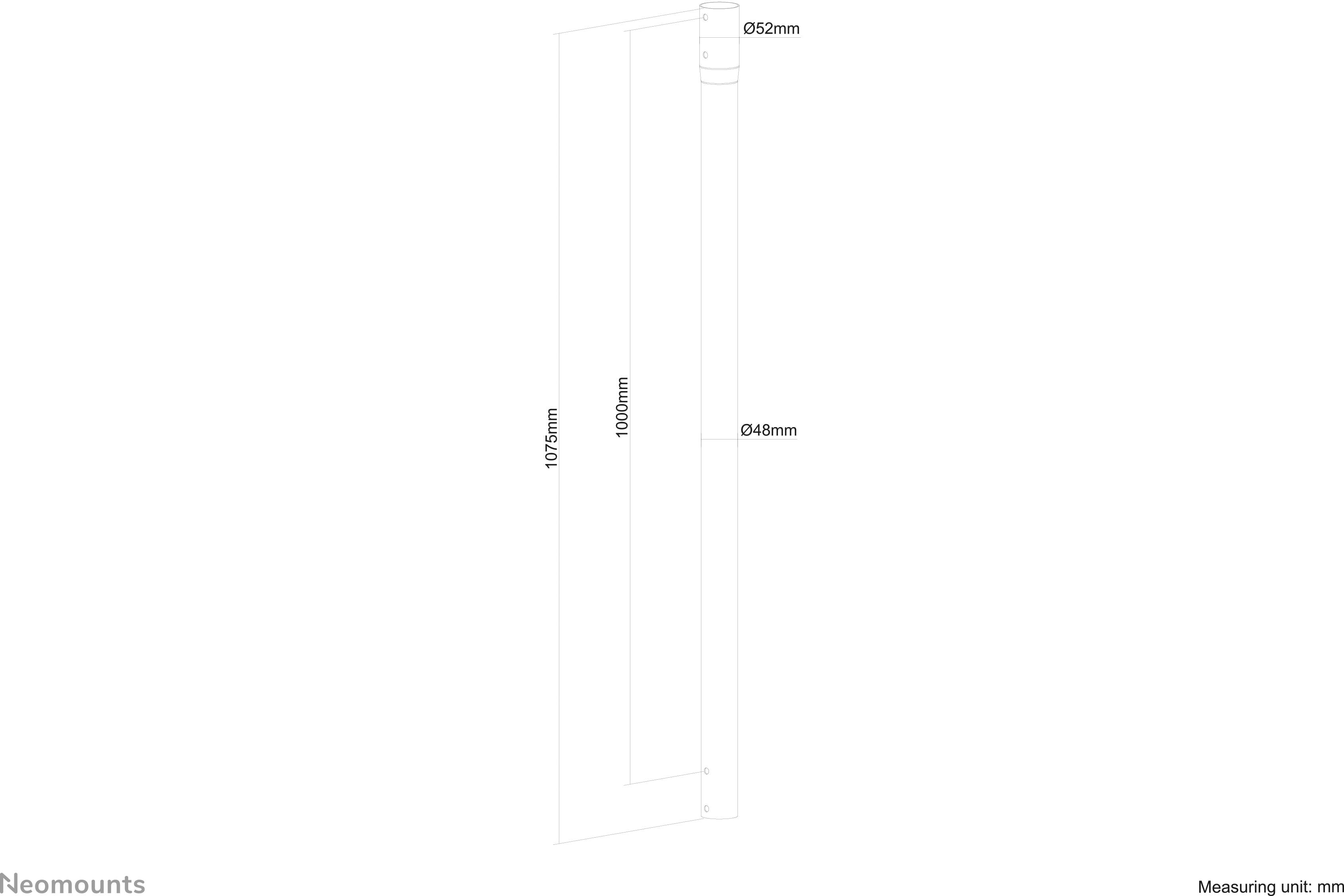 Strichzeichnung eines rechteckigen Rahmens mit den Maßen 1073mm in der Breite und 1000mm in der Höhe. Zwei Kreise rechts, einer mit 26mm Durchmesser und einer mit 48mm.