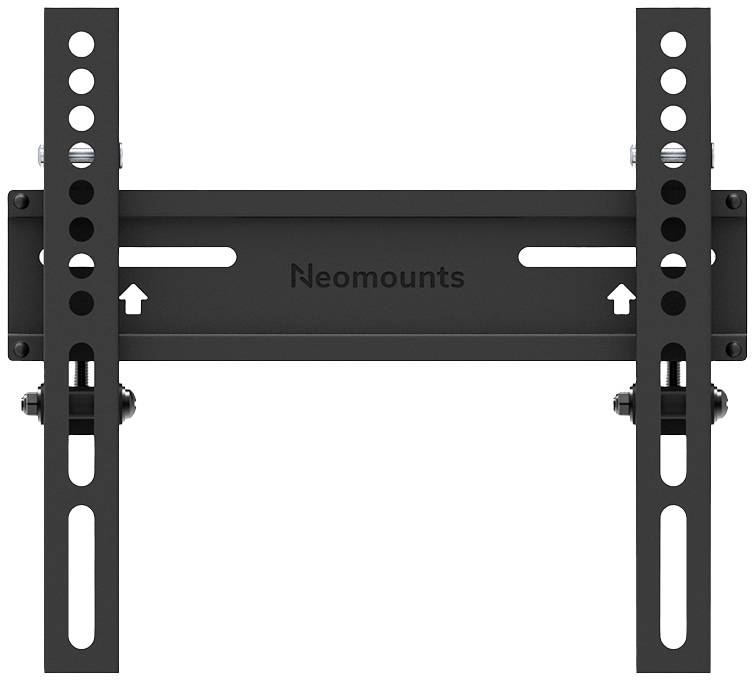 Wandhalterung für Flachbildschirme in Schwarz, Modell 'Neomounts'. Zeigt Montageschlitze und verstellbare Halterungen.