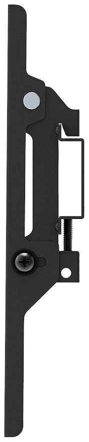 Schwarzes mechanisches Bauteil mit Hebel und Schraube, wahrscheinlich Teil eines Verriegelungs- oder Schließmechanismus.