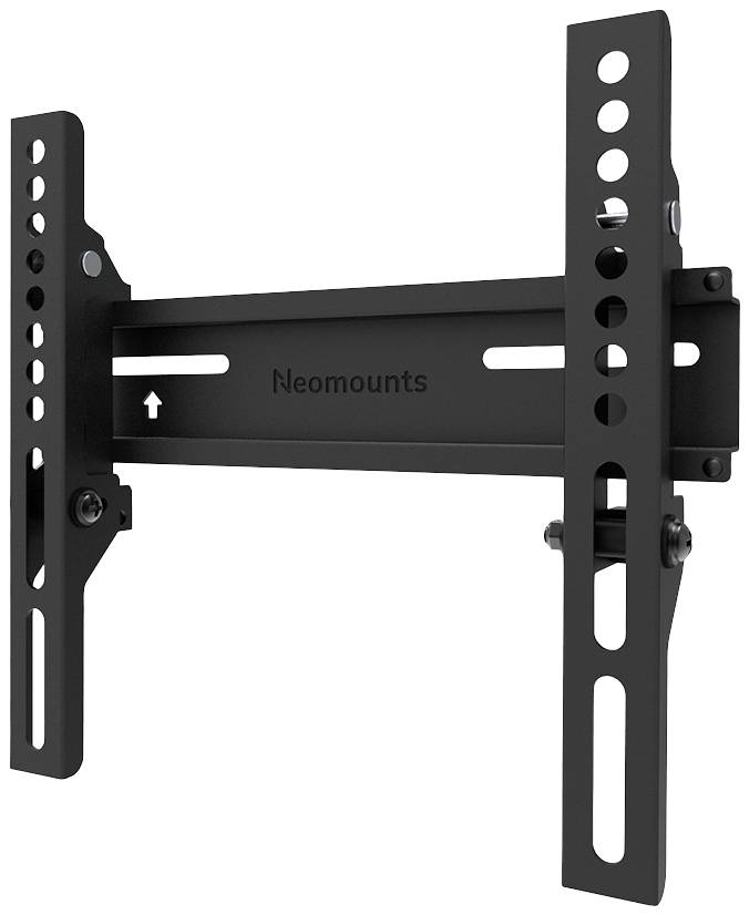 Schwarze, verstellbare TV-Wandhalterung mit mehreren Befestigungsöffnungen. Horizontale und vertikale Justierung möglich.