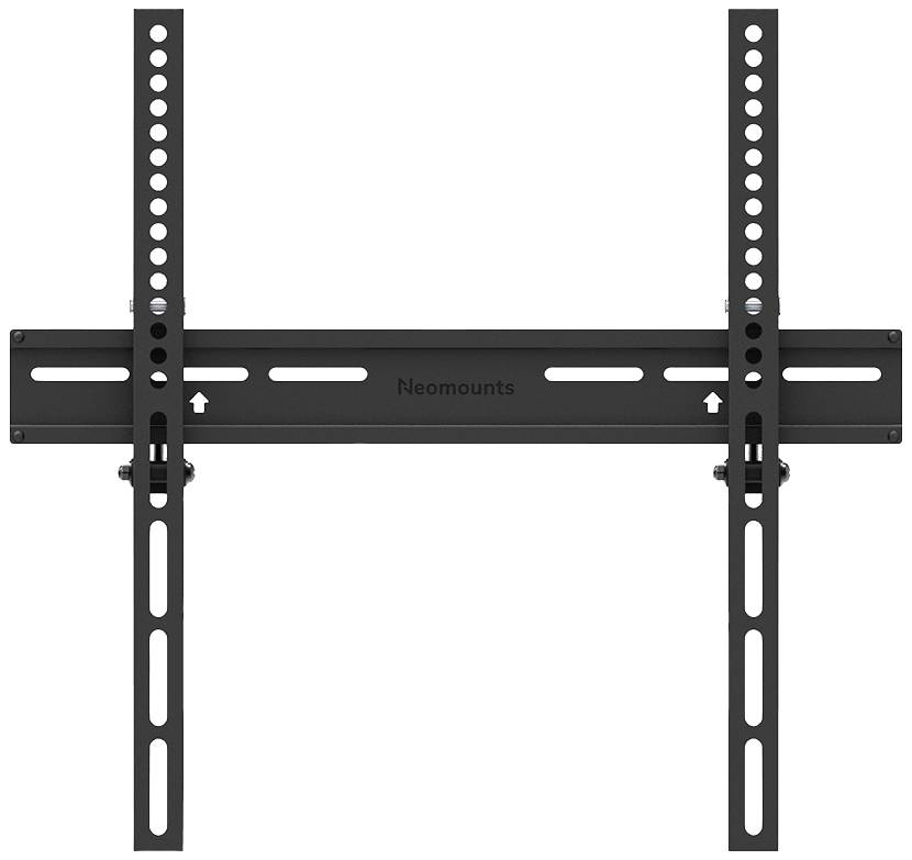 Flache, schwarze TV-Wandhalterung mit verstellbaren Seitenarmen und mehreren Befestigungslöchern, geeignet für verschiedene Bildschirmgrößen.