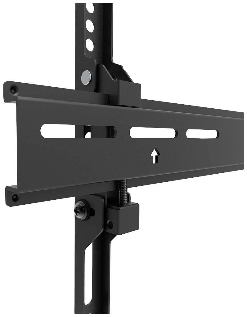 Schwarze Metall-Halterung mit vertikalen Schienen und Befestigungselementen, Pfeil zeigt nach oben. Verwendung vermutlich für Wandmontage.