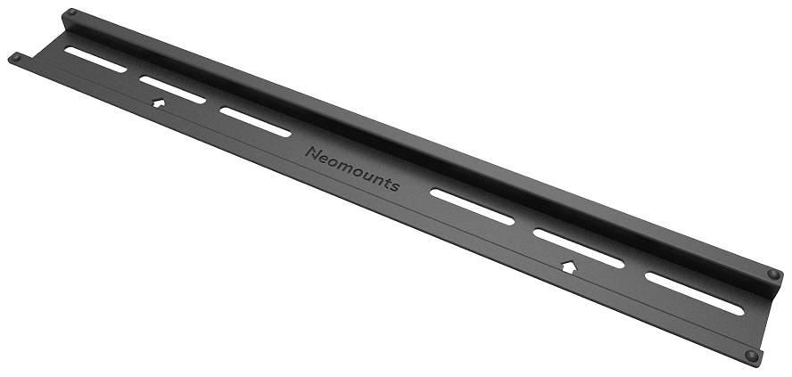 Metallene Halterungsschiene mit der Aufschrift 'Neomounts', enthält mehrere Schlitze und Löcher zur Befestigung.