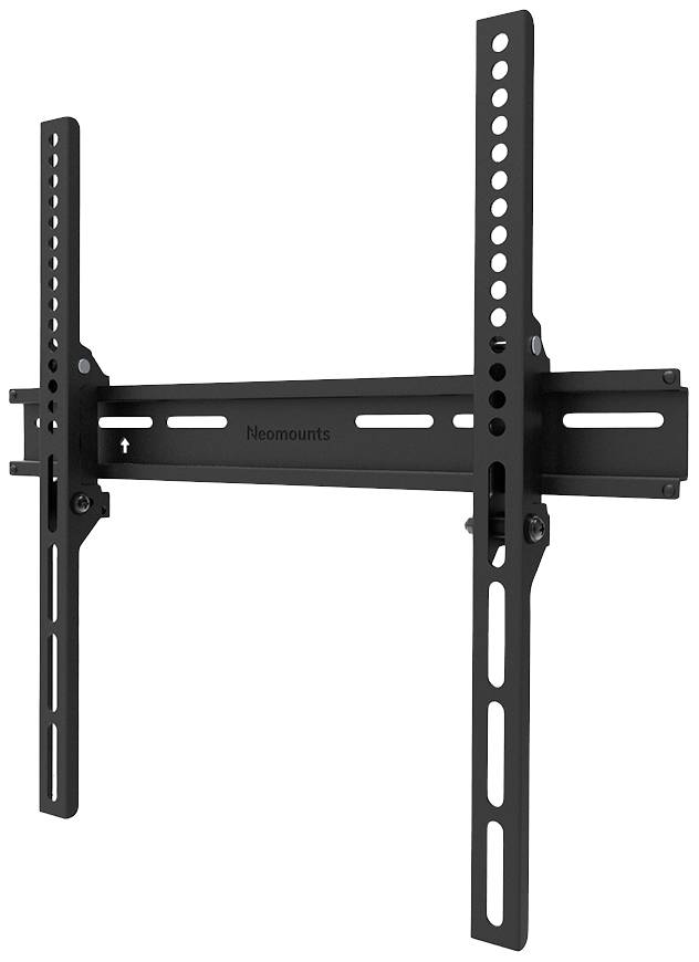 Schwarze TV-Wandhalterung, aus Metall, mit vertikalen und horizontalen Schienen, geeignet für flache Bildschirme.